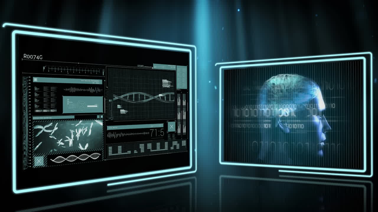 pantallas con procesamiento de datos y cabeza humana