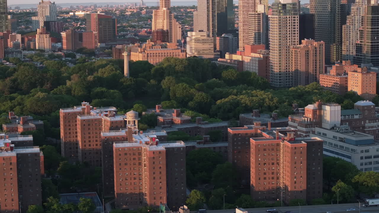Aerial view of Fort Greene Park at sunrise. Shot in Brooklyn.