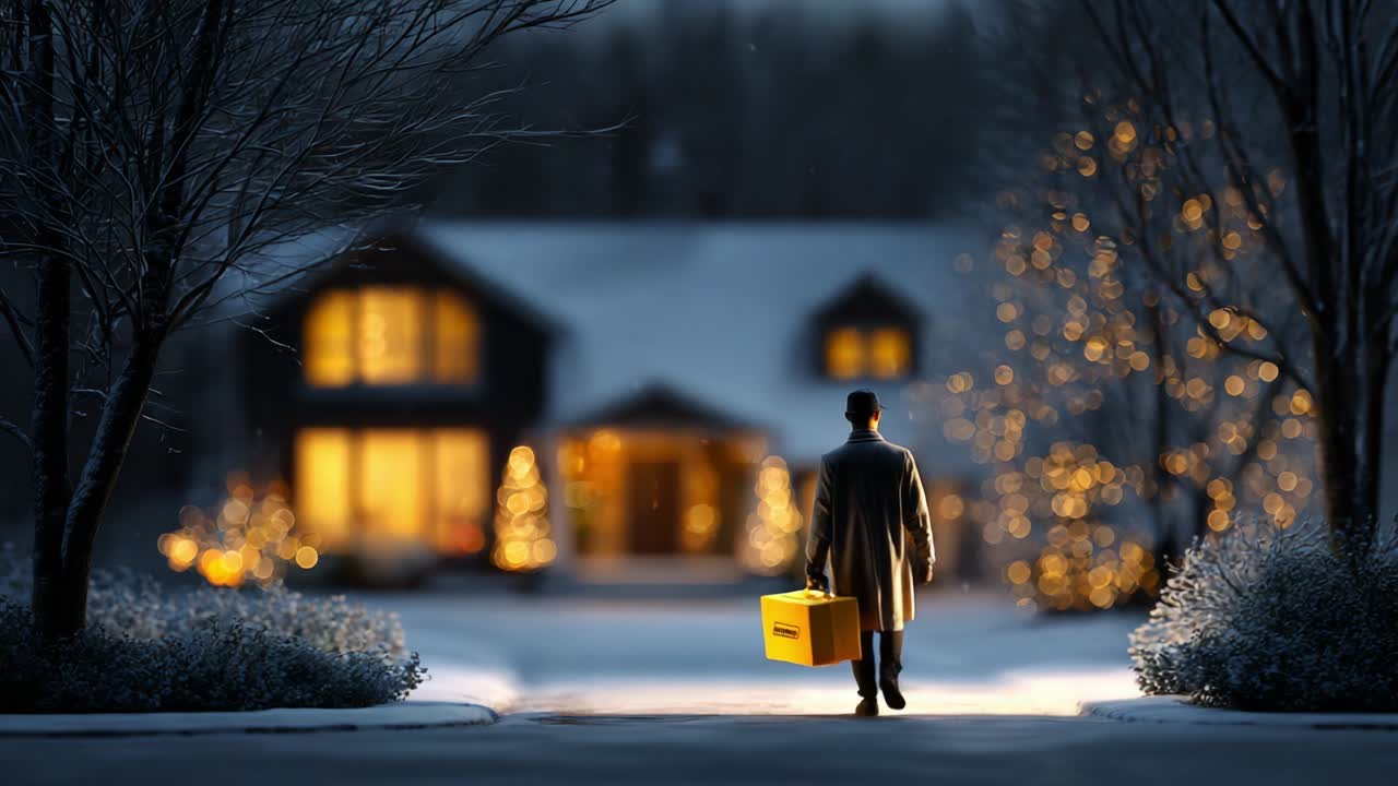 A solitary figure walks towards a beautifully illuminated house on a snowy evening, carrying a yellow suitcase, creating a scene filled with warmth and anticipation amidst the cold winter landscape