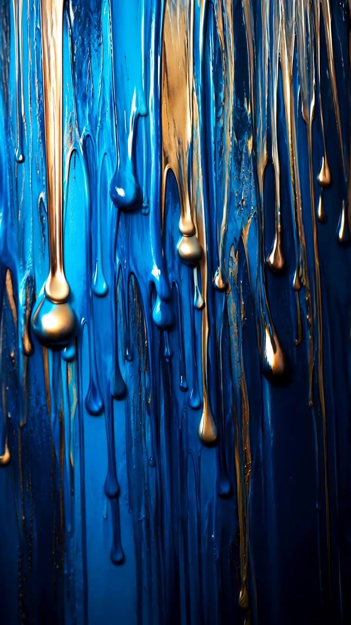 Front-facing vertical close-up of cyan and ultramarine paint with bronze gold drips, wet sheen, suspended beads, soft shadows and rich abstract surface texture, with paint, blue, gold, metallic detail