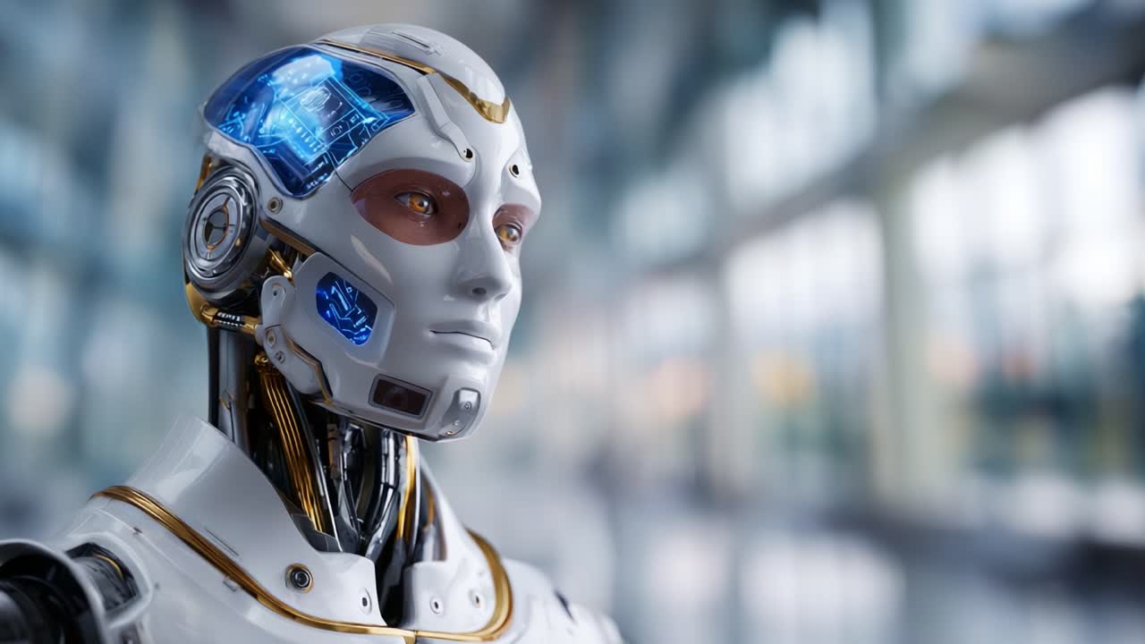 Un robot umanoide futuristico con funzionalità avanzate che mostra intelligenza artificiale e un design simile a quello umano, in piedi in un ambiente moderno ed elegante
