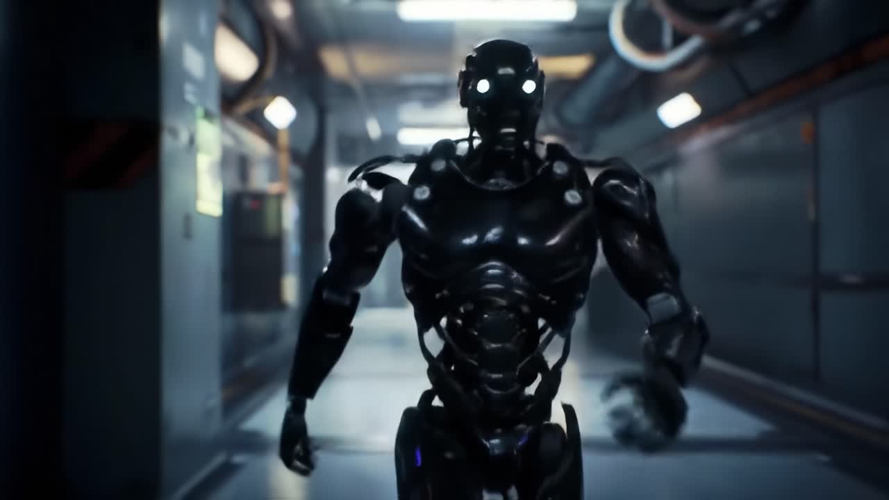 A sleek robotic figure navigates a modern corridor filled with advanced technology. The lighting creates a dramatic atmosphere as it moves confidently through the high-tech environment.