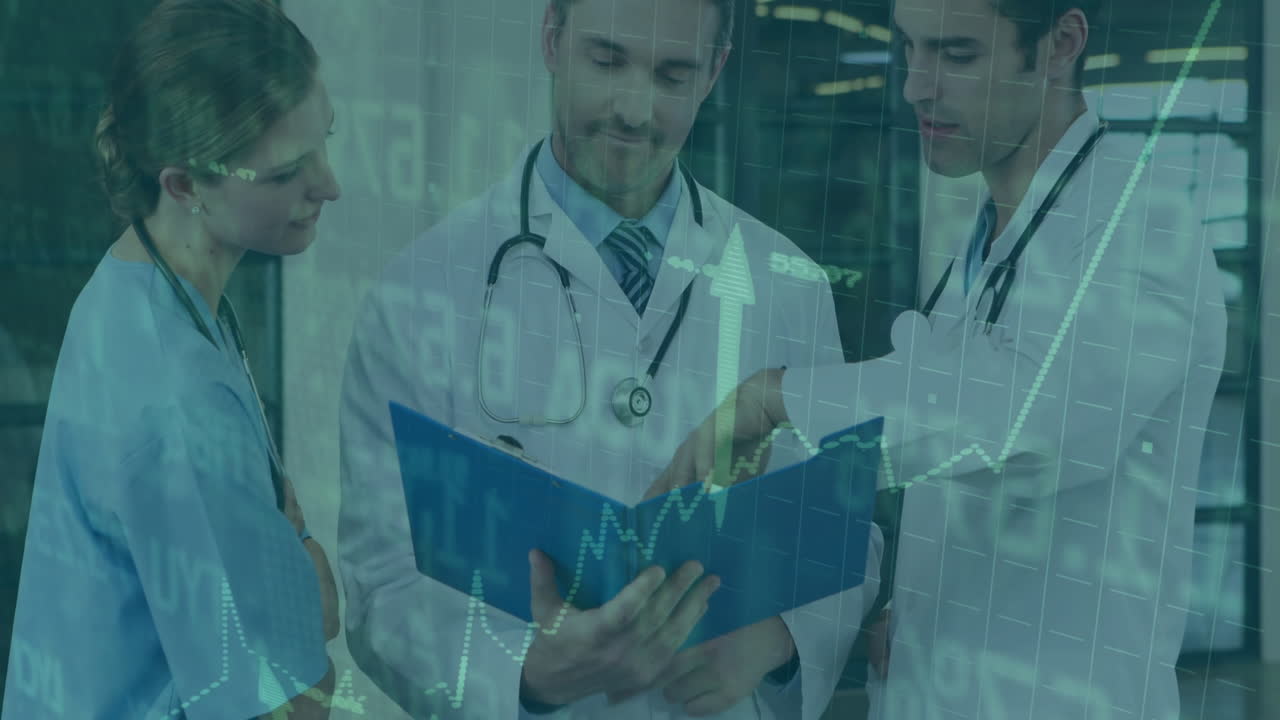 revisión de gráficos médicos, médicos superpuestos con animación de procesamiento de datos financieros