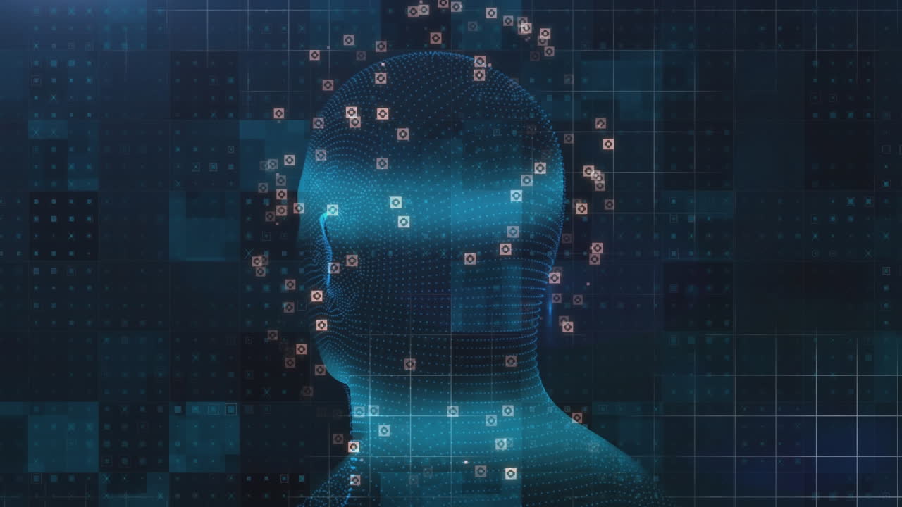animación de la cabeza humana girando con procesamiento de datos de interfaz digital
