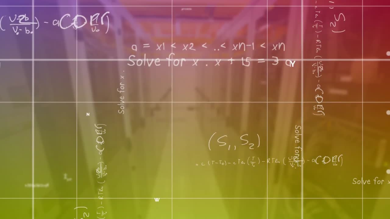 ecuaciones matemáticas que se mueven sobre líneas de cuadrícula contra la sala de servidores
