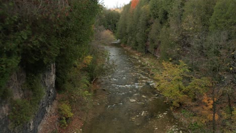 Drone-shot-flying-backwards-across-a-river-gorge-with-clear-running-water,-past-trees-and-rocks