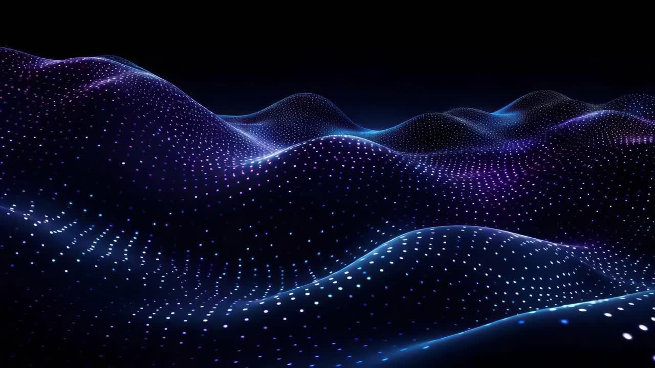 Futuristic video concept with a low-angle view of glowing, undulating waves of dots against a dark