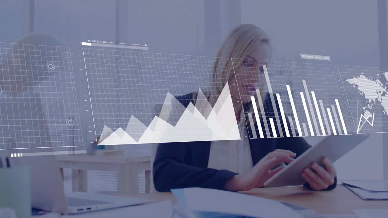 Animation af behandling af finansielle data over kaukasisk forretningskvinde på kontor
