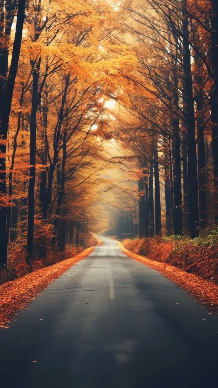 A serene autumn road lined with tall trees in vibrant orange, captured from a low-angle perspective