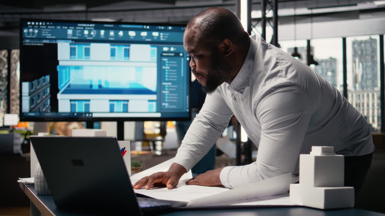 Black property engineer collecting construction details on blueprints sketch