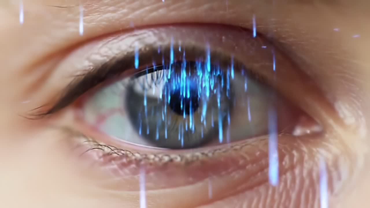 A Close-Up View of an Eye with Glowing Blue Droplets: A Visual Exploration of Captivating Beauty and Intriguing Details in a Mesmerizing Macro Shot