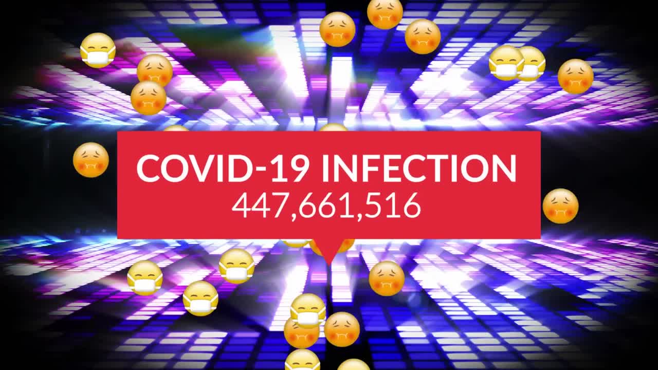 animación de emoticones en máscaras faciales y aumento del número de infecciones por covid a través de luces de discoteca