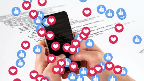 Animation-of-like-and-heart-icons-over-hand-holding-smartphone-and-data-processing