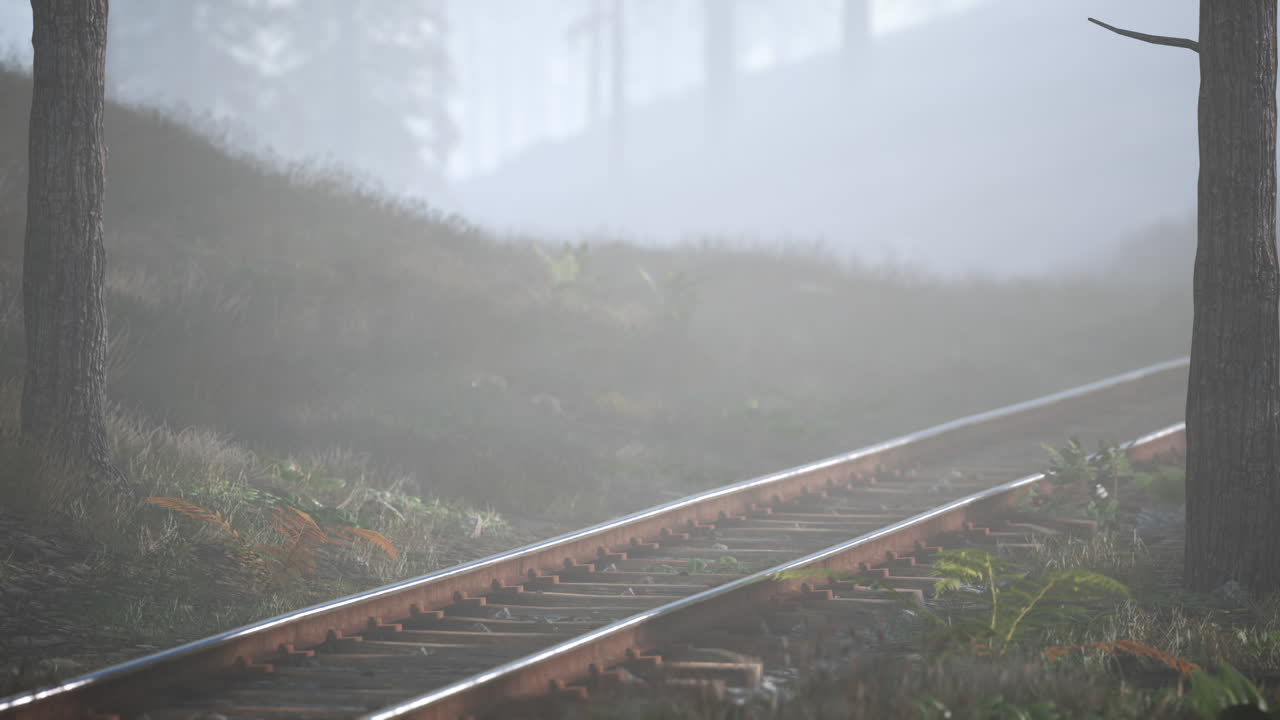 빈 철도가 아침에 안개 숲을 통과합니다.