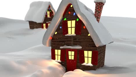 Animation-of-snowflakes-falling-over-house-decorated-in-christmas-fairy-lights-in-winter-scenery