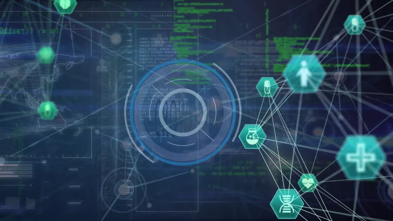 animación de la red de conexiones con iconos sobre el procesamiento de datos sobre fondo negro