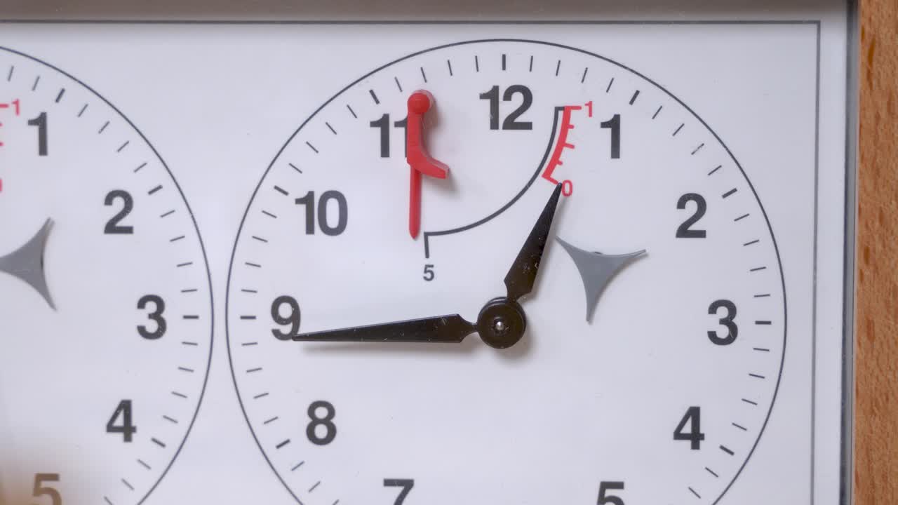 Second clock pointer moves measuring player move period on white face of vintage chess timer on table extreme close view