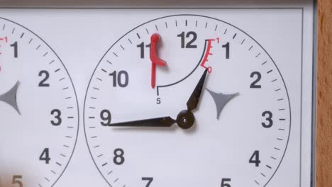 el segundo reloj se mueve midiendo el período de movimiento del jugador en la cara blanca del temporizador de ajedrez vintage en la mesa vista cercana extrema