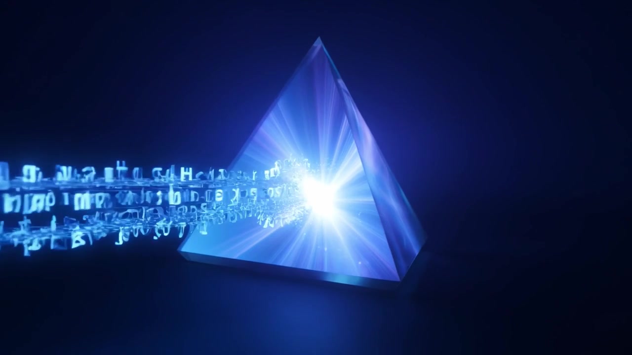 Digital datastrøm flyder ind i et glødende pyramideprisme til behandling