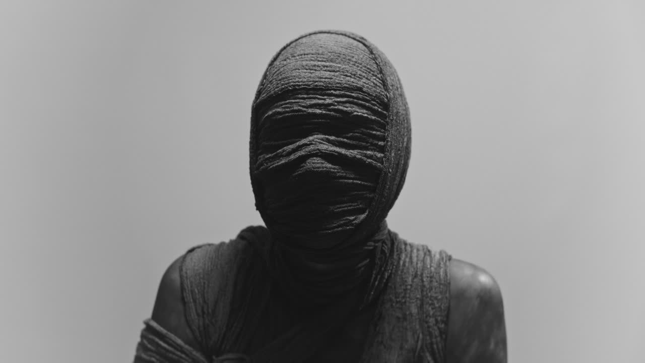 A mummy of a woman on a white backdrop rises her head