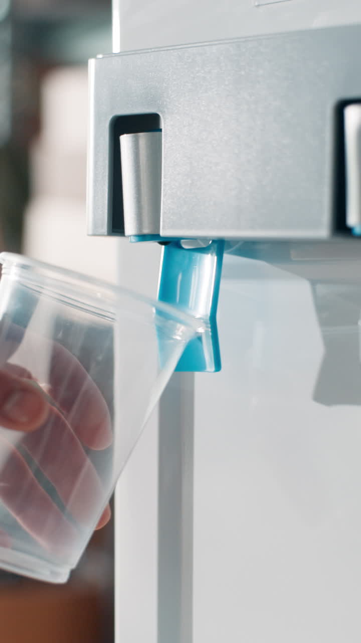 Mano colocando un vaso de plástico bajo un dispensador de agua