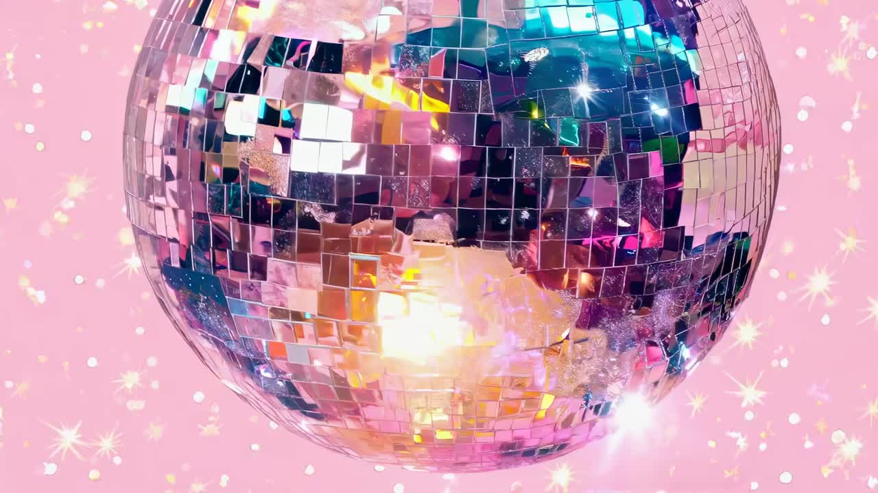 Close-up video of a disco ball with colorful reflections, shot from a low angle against a pink