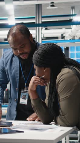 vertical video african american specialists supervisors examining production metrics on papers