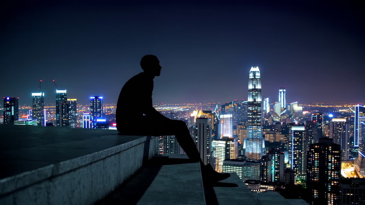 Silhouette of a Man Sitting on Rooftop Steps at Night