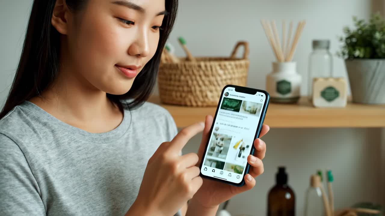 Woman using phone in bathroom with eco-friendly products