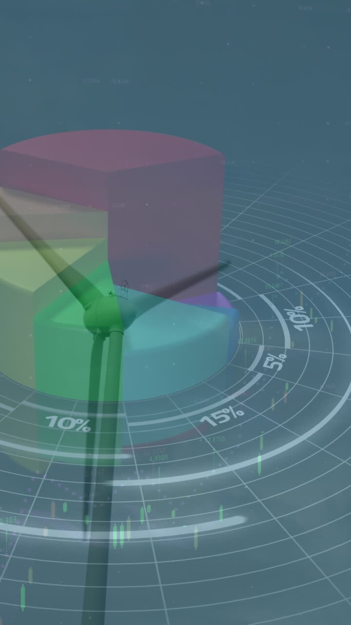 Animation of statistics and data processing over wind turbine on blue background