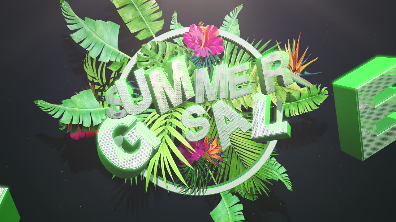 texto de primer plano animado gran venta de verano y flores tropicales y hojas 1
