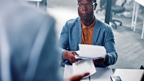 Documents,-meeting-and-black-man-in-argument