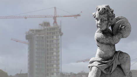 animation of stone sculpture over building site