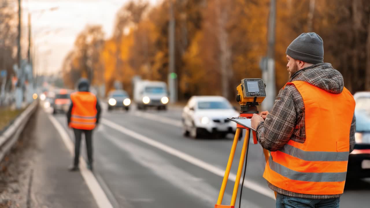 Traffic Survey in Progress: Professionals Utilize Modern Equipment Alongside a Busy Roadway, Ensuring Safety and Accurate Measurements While Overseeing Vehicle Flow