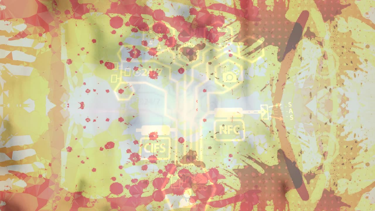 노란색 배경 위에 디지털 아이콘으로 연결 네트워크의 애니메이션