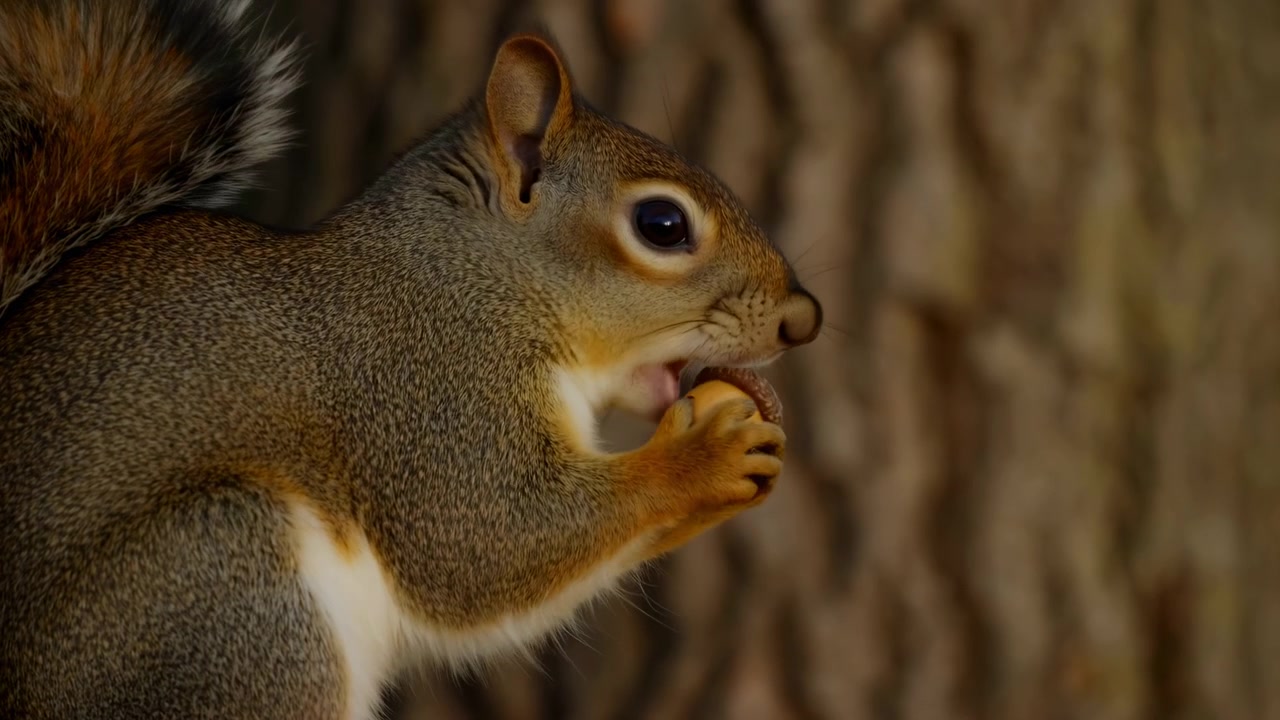 Una scena serena di uno scoiattolo che mangia tranquillamente una noce sulla corteccia di un albero, catturata in un primo piano che evidenzia l'umore calmo e concentrato dell'animale. L'ambiente naturale e i materiali lignei.