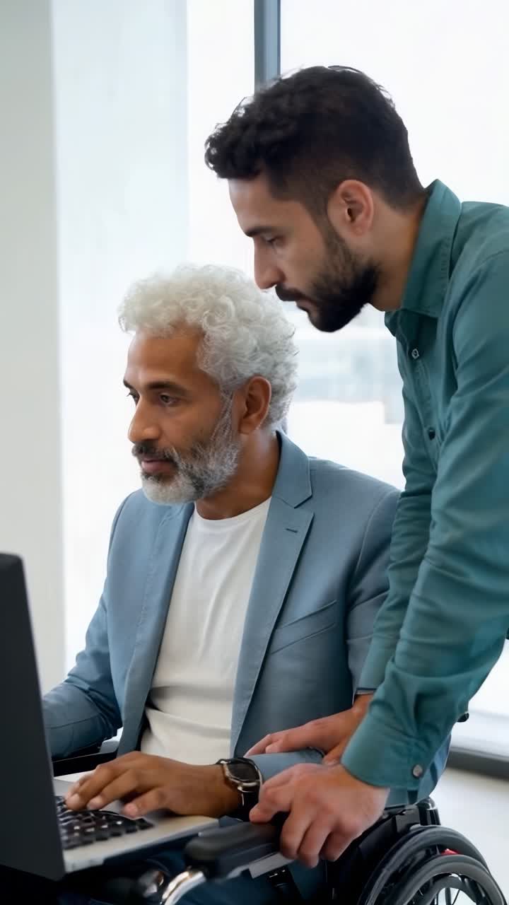 Two men working together in the office, one of them in a wheelchair