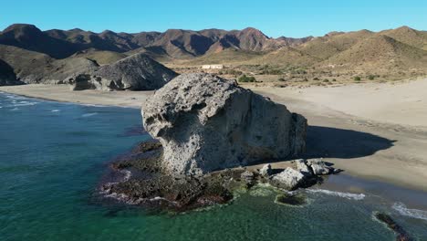 Playa-de-Monsul-Beach-at-Cabo-de-Gata-National-Park,-Almeria,-Andalusia,-Spain---Aerial-4k-Circling