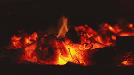 close up macro shot of wood logs burning on fire in outdoor nature