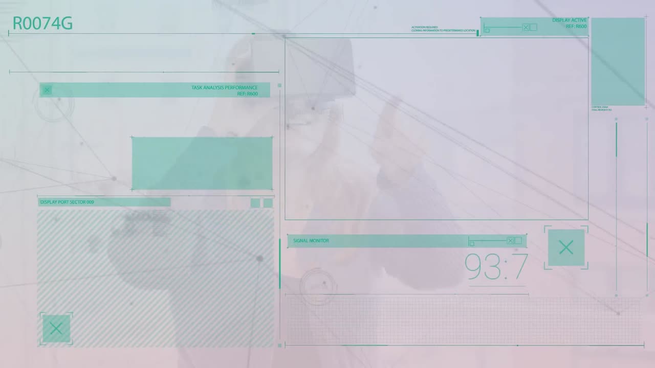animación de la red de conexiones con procesamiento de datos sobre mujer caucásica usando auriculares vr.