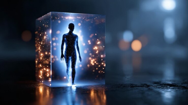 A humanoid figure emerges from a luminous cube, surrounded by an ethereal glow and sparkling lights, symbolizing the intersection of technology and human essence