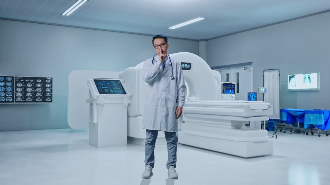 Full Body Of Asian Male Doctor Showing Silence Gesture While Standing With MRI Machine In The Hospital