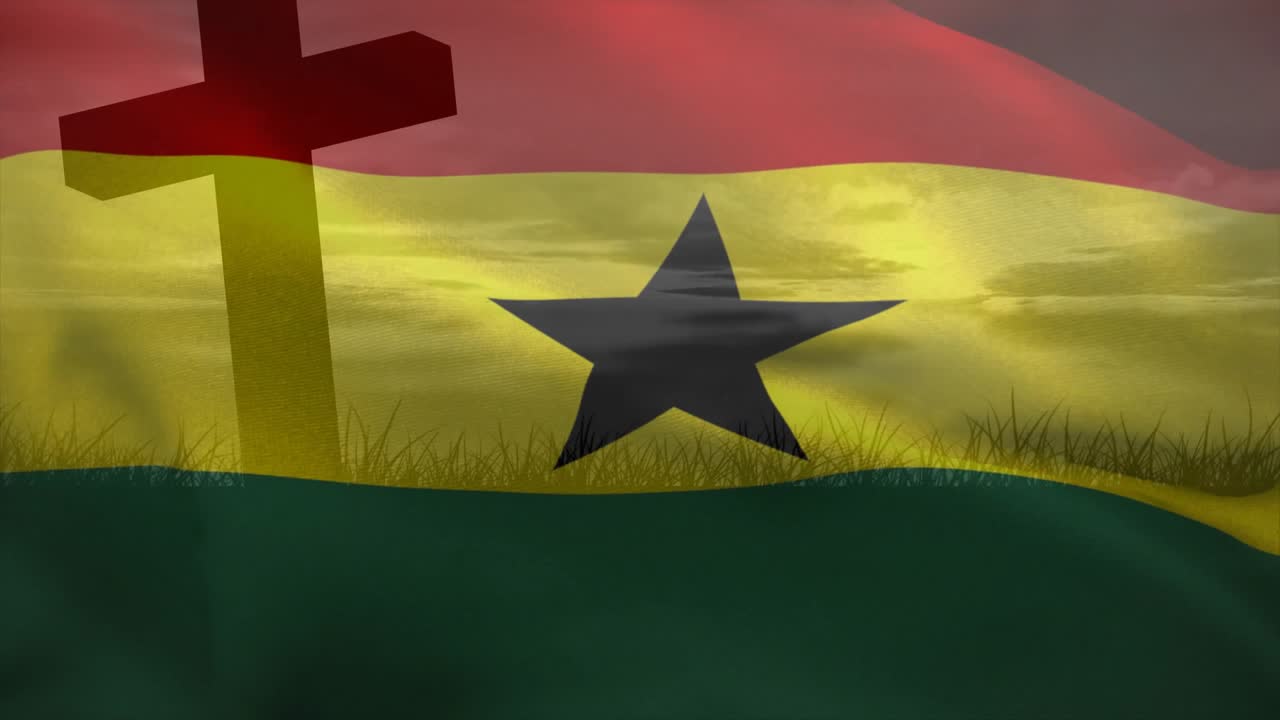 Un drapeau national du Ghana animé en 3D se déploie et ondule sur une colline herbeuse, porté par une douce brise.