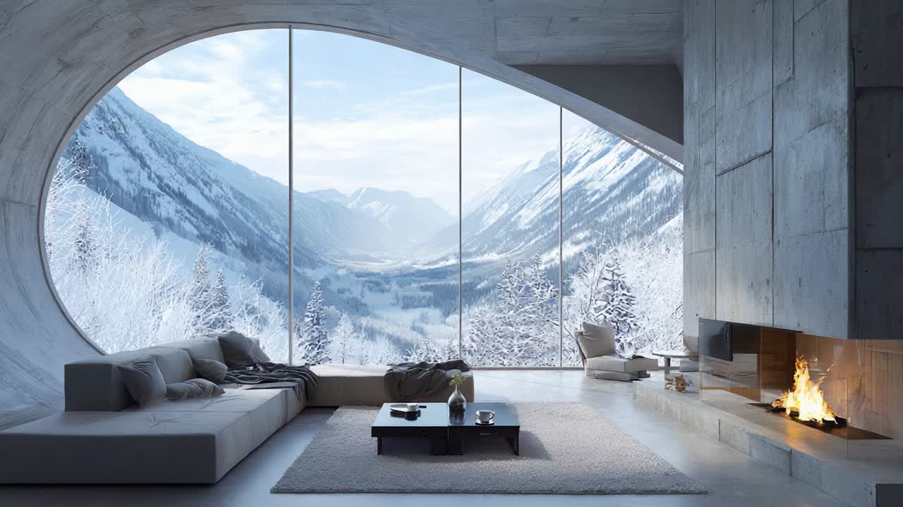 A Cozy, Modern Living Room Surrounded by Stunning Winter Scenery Featuring Large Windows with Picturesque Snow-Capped Mountains and a Warm Fireplace Creating a Tranquil Atmosphere