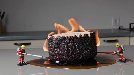 miniature firefighters extinguish a burning food