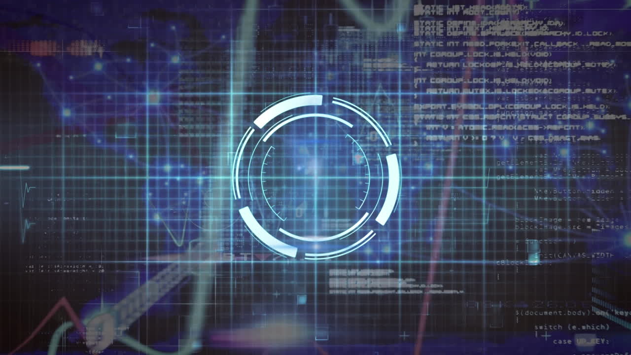 animación de un escáner redondo de neón y un monitor de frecuencia cardíaca contra un fondo azul