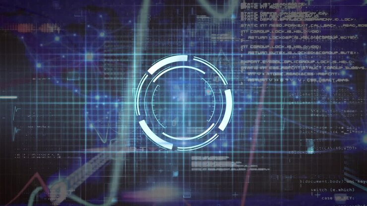 Animation of neon round scanner and and heart rate monitor against blue background