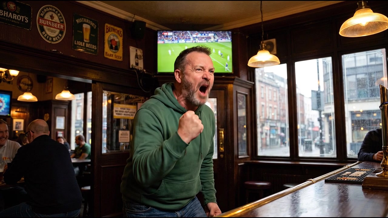 Supporter sportif encourageant avec enthousiasme dans un pub pendant la retransmission en direct d'un match.