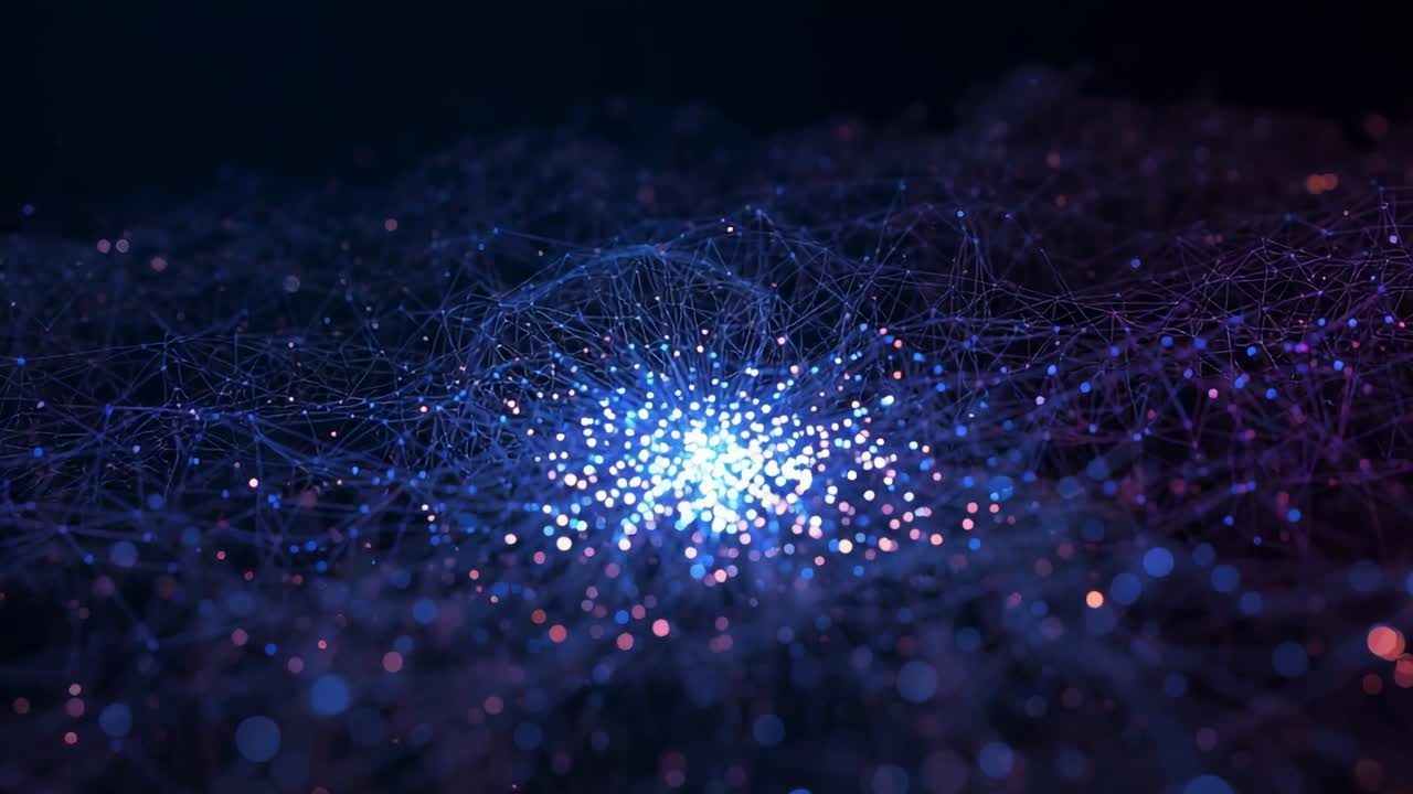 Nucleo centrale pulsante che accende i filamenti di rete in campo scuro, illuminando i nodi, bokeh, picco di energia