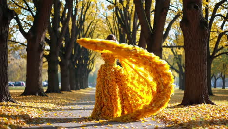 woman in a golden leaf dress walking in an autumn park